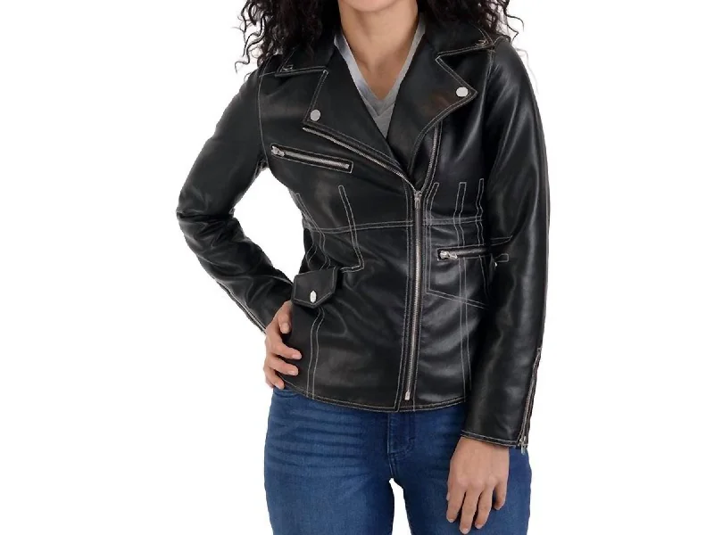 Women's Transitional Outfit Faux Leather Biker Jacket In Black