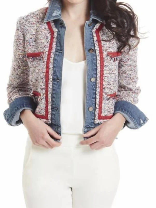 Affordable Women's Clothes Denim And Tweed Jacket In Blue And White