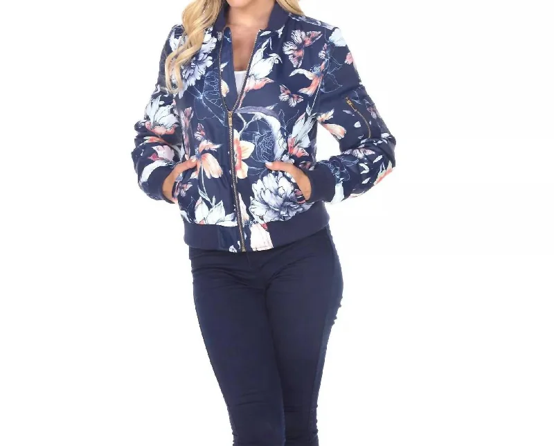 Women's Wedding Apparel Floral Bomber Jacket In Navy