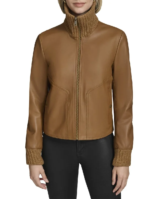 Casual Chic Women's Clothes Andrew Marc Black Label Beatrix Rib-Knit Trimmed Leather Jacket