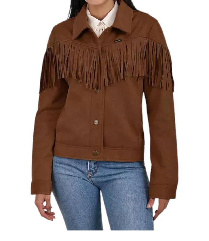 Women's Activewear Garments Faux Suede With Fringe Trucker Jacket In Brown