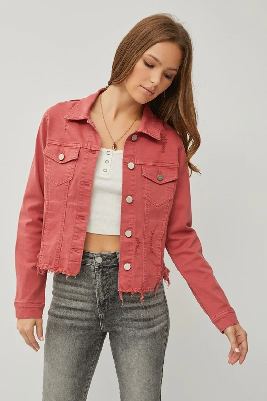 Women's Casual Wear Clothing Raw Hem Button Up Cropped Denim Jacket