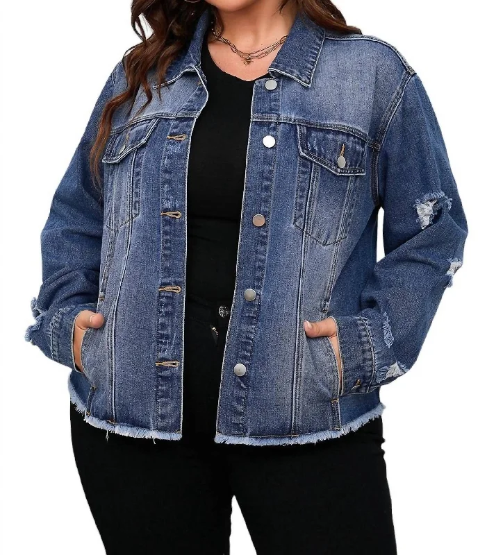 Stylish Women's Garments For Holidays Plus Size Distressed Flap Pocket Denim Jacket In Dark Blue