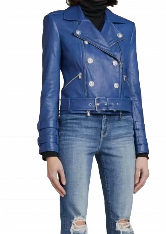 Trendy Athleisure Clothing For Women Billie Belted Leather Jacket In Pacific Blue