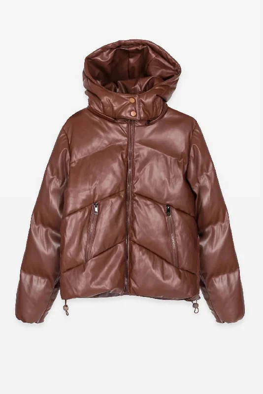 Vintage-Inspired Women's Apparel Maggiano Leather Puffer Jacket In Coffee