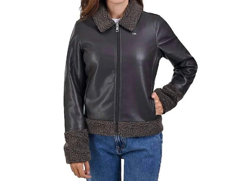 Women's Classic Outfit Sheepskin Trim Casual Jacket In Brown