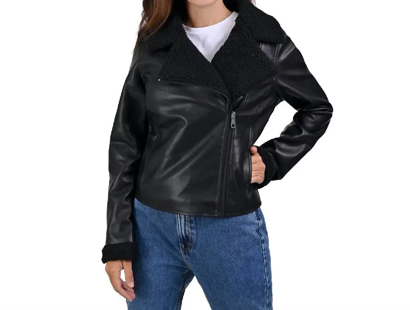 Women's Comfortable Apparel Synthetic Leather Biker Jacket In Black