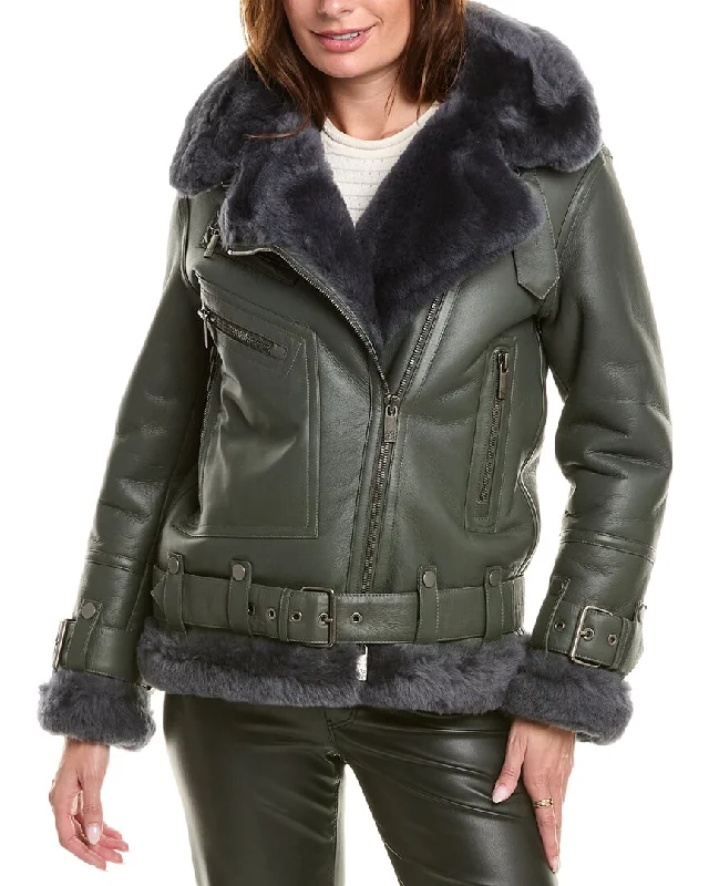 Women's Elegant Formal Outfit GORSKI Shearling Zip Moto Jacket