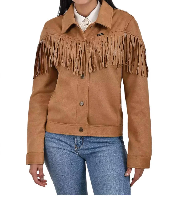 Women's Travel Outfit Set Faux Suede With Fringe Trucker Jacket In Mid Brown