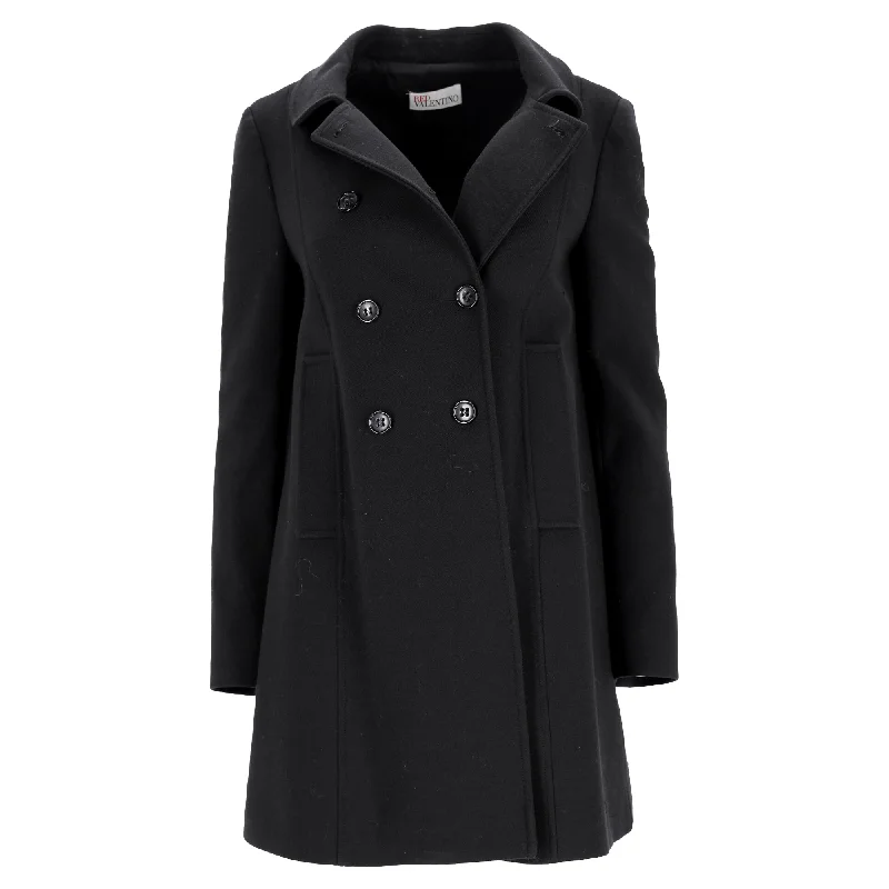 Plus-Size Women's Clothing Red Valentino Garavani Double-Breasted Coat in Black Wool