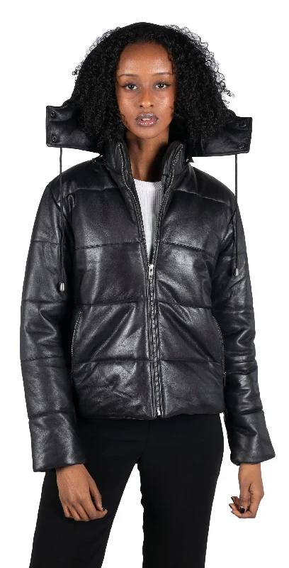 Women's Vacation Garments Short Hooded Leather Puffer Jacket