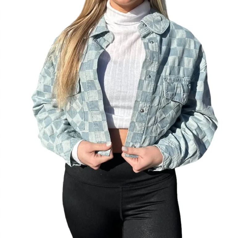 Refresh Your Wardrobe With Exclusive Discounts Checkerboard Print Cropped Denim Jacket