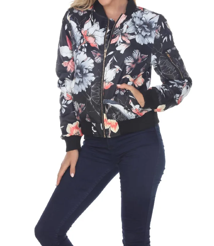 Women's Formal Clothes Floral Bomber Jacket In Black