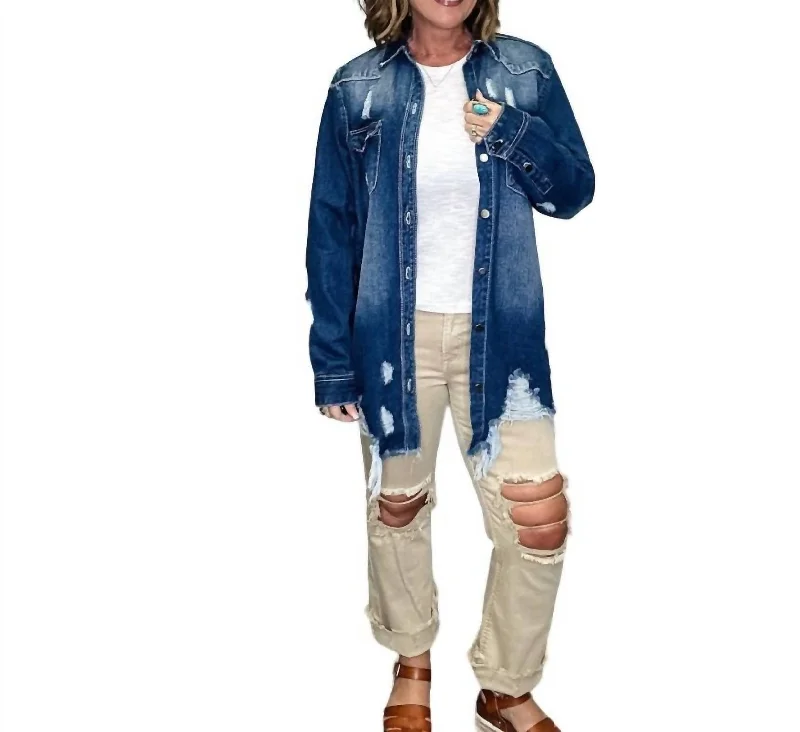 Women's Resort Apparel Distressed Denim Shirt Jacket