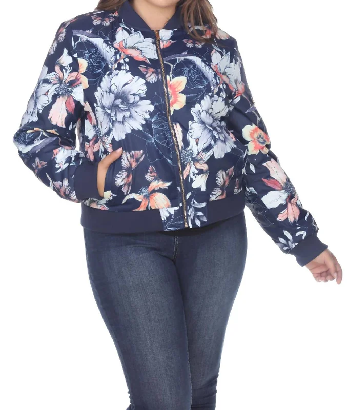 Women's Contemporary Apparel Floral Bomber Jacket - Plus Size In Navy