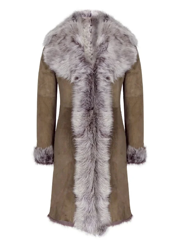 Big Savings On Modern And Classic Fashion Looks Long Suede Toscana Sheepskin Taupe Coat