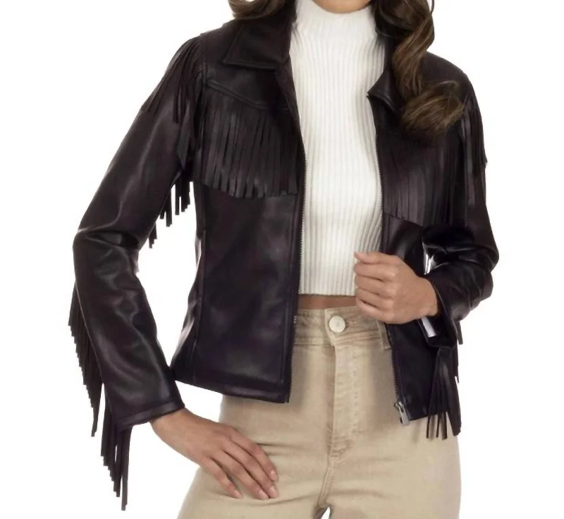 Women's Active Garments For Workouts Fringed Faux-Leather Jacket In Brown