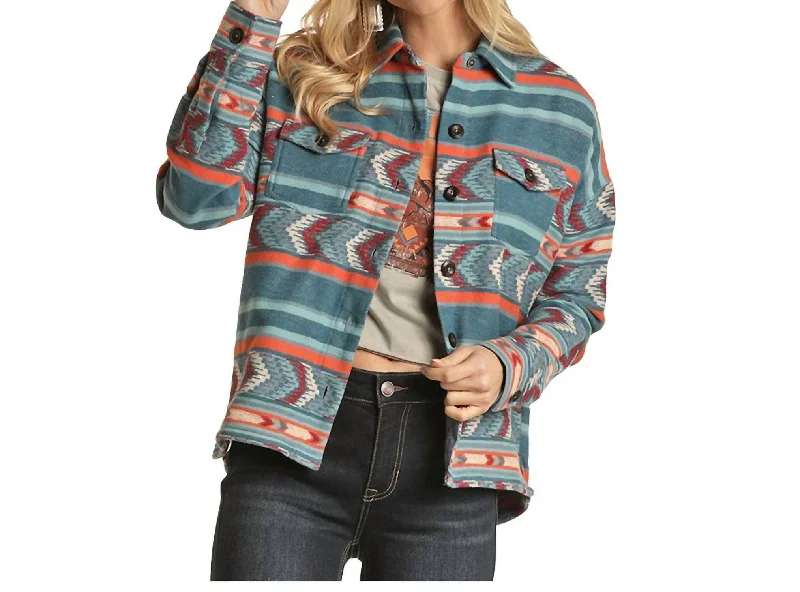 Women's Activewear Garments Women's Shacket Shirt Jacket In Blue Coral Burgundy Print