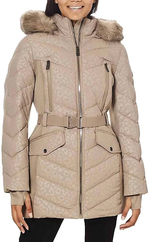 Modern Women's Apparel Logo Leopard Belted Hood Puffer Coat In Taupe