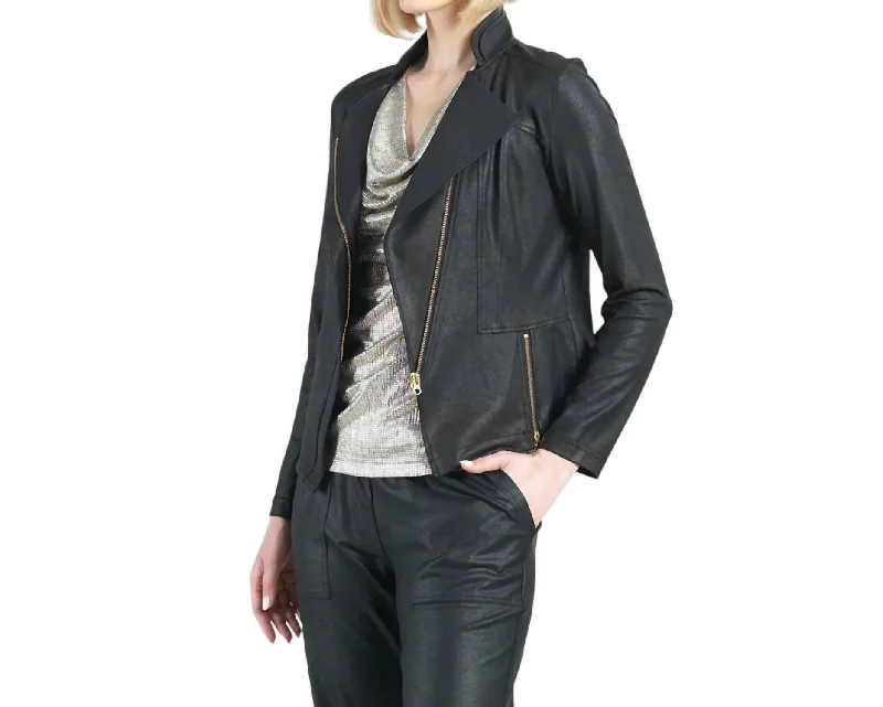 Women's Elegant Evening Outfit Faux Leather Zippered Jacket In Black