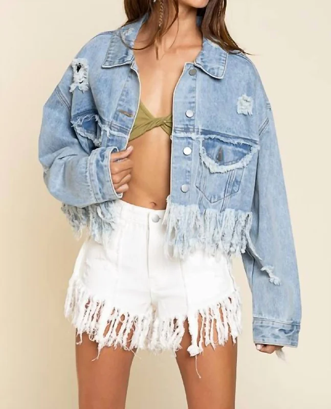 Fashion-Forward Styles At Incredible Discounts Cropped Fringe Vintage Wash Jacket In Denim