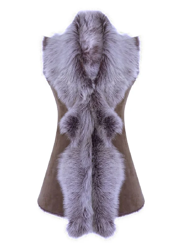 Women's Fashionable Clothing Sets Long Taupe Shearling Sheepskin Waistcoat