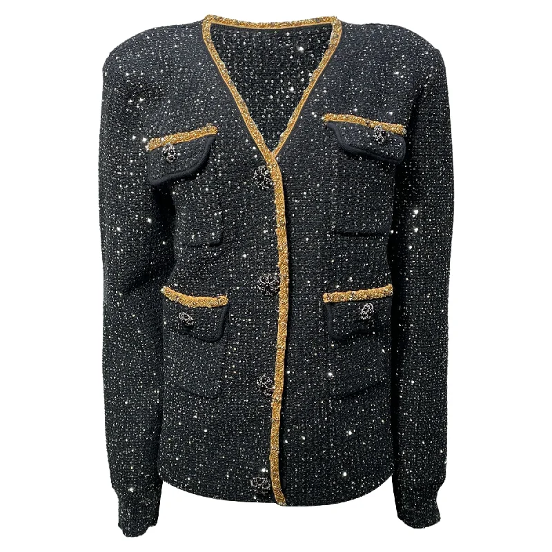 Women's Clothes And Garments Self-Portrait Embellished Single-Breasted Tweed Jacket in Black Polyester