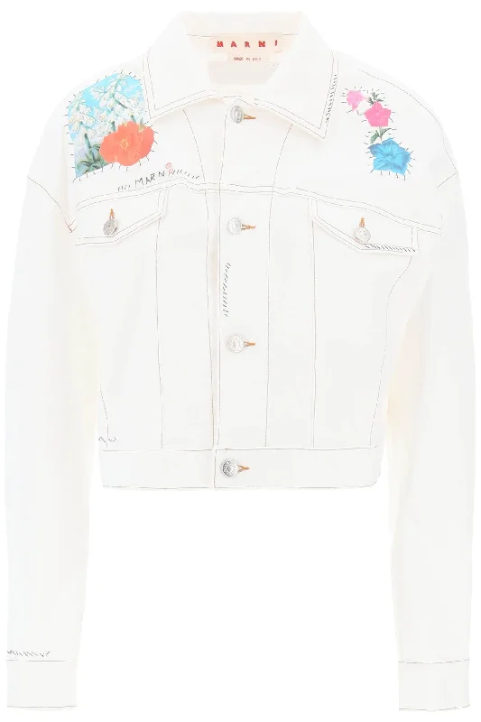 Women's Outfit For The Office Marni Women's "Cropped blue Jacket With Flower Patches And Embroidery"