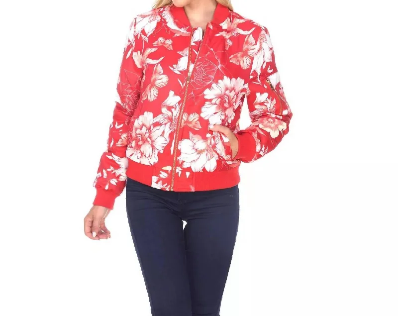 Women's Fashion-Forward Apparel Floral Bomber Jacket In Red