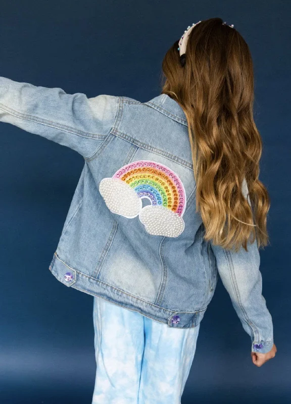 Women's Formal Event Clothing Womens Rainbow Pearl Denim Jacket