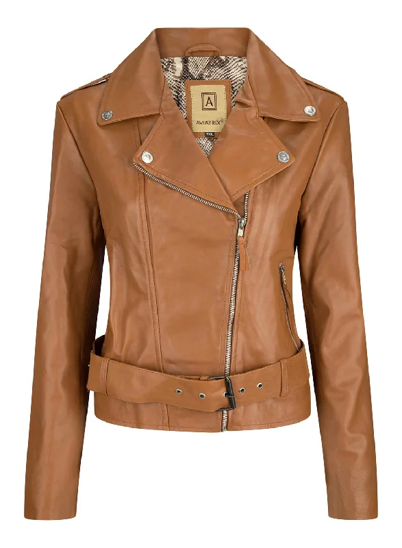 Women's Professional Outfit Tan Real Leather Slim Fit Biker Jacket