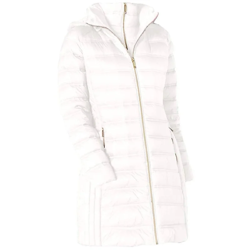 Women's Everyday Apparel Down Hooded Packable 3/4 Coat In White