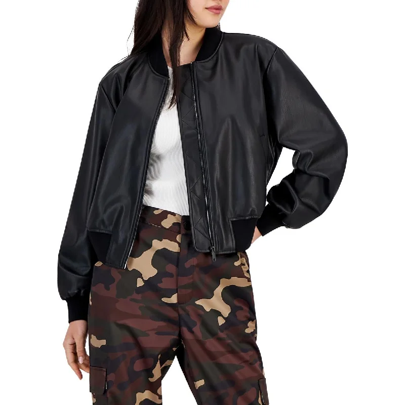 Women's Clothing For Casual Outings Petites Womens Faux Leather Long Sleeve Bomber Jacket