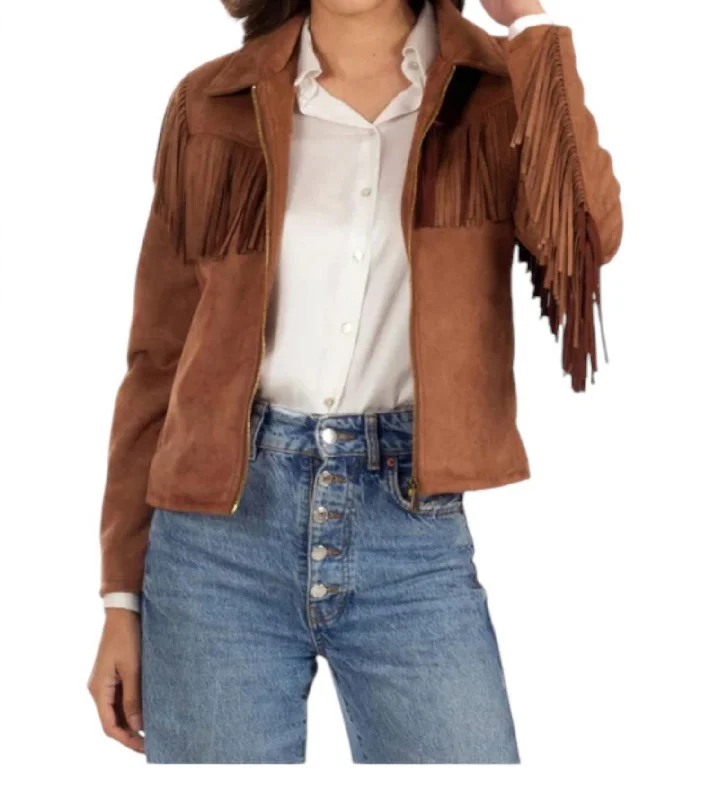 Comfortable Women's Apparel Fringe Faux-Suede Jacket In Tan