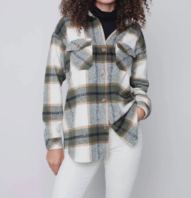 Women's Trendy Casual Outfit Plaid Flannel Shirt Jacket In Spruce