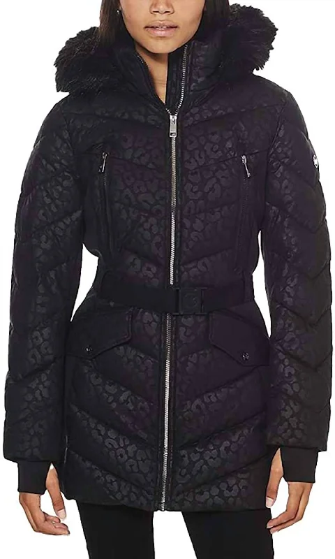 Women's Stylish Professional Apparel Logo Leopard Belted Hooded Down Puffer Coat In Black