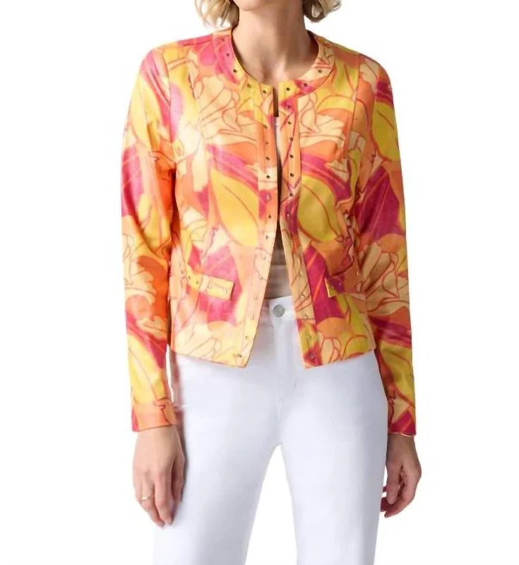 Premium Fashion At Budget-Friendly Prices Tropical Print Faux Leather Jacket In Orange Tropical