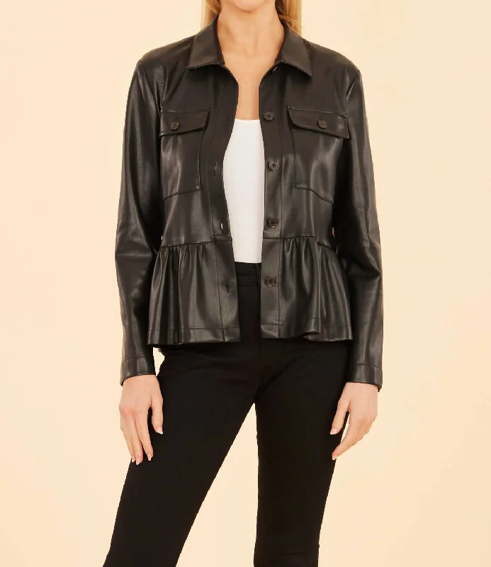 Women's Trendy Garments Faux Leather Peplum Shirt Jacket In Black