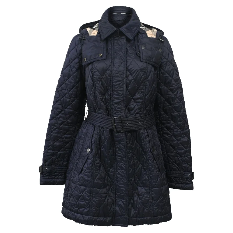 Women's Everyday Clothes Burberry Belted Hooded Down Coat in Navy Blue Nylon