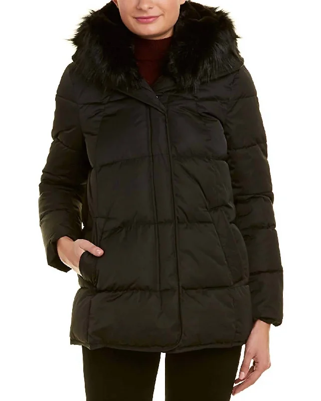 Vintage Clothing For Women Morgan Faux-Fur Trim Puffer Short Coat In Black