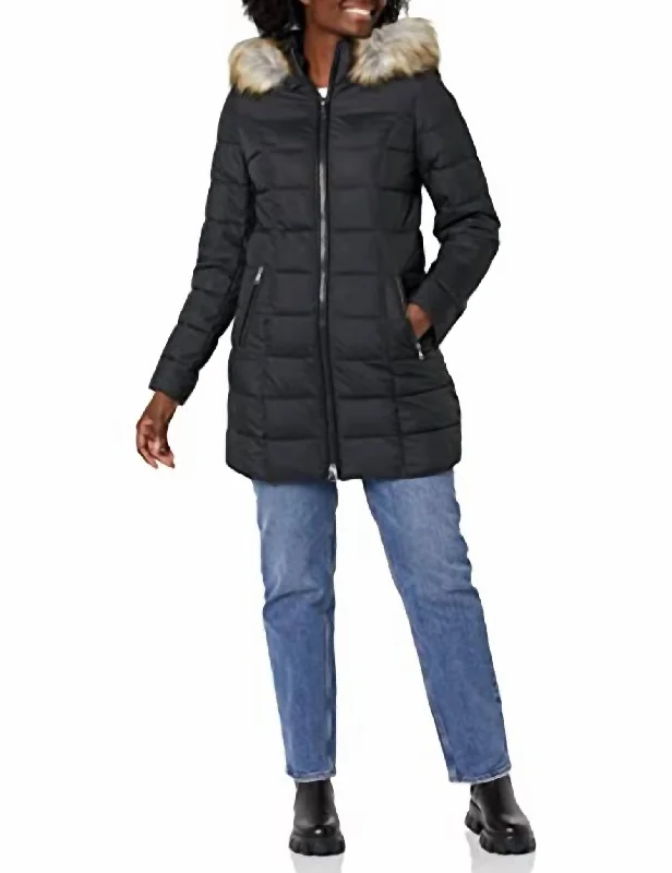 Women's Stylish Casual Garments Women's Stretch 3/4 Puffer Jacket With Faux Fur Striped Hood In Black