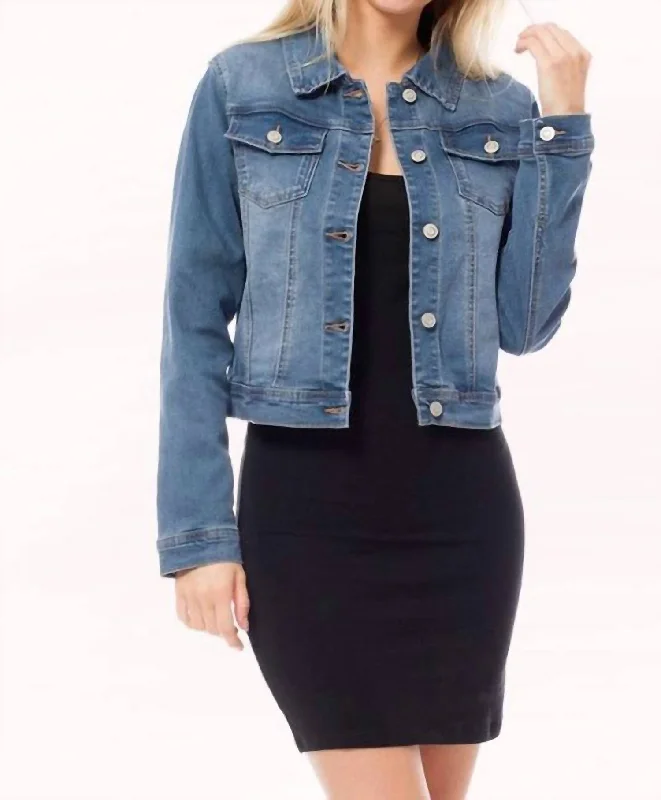 Stylish Women's Clothing Classic Denim Jacket In Medium Washed Blue