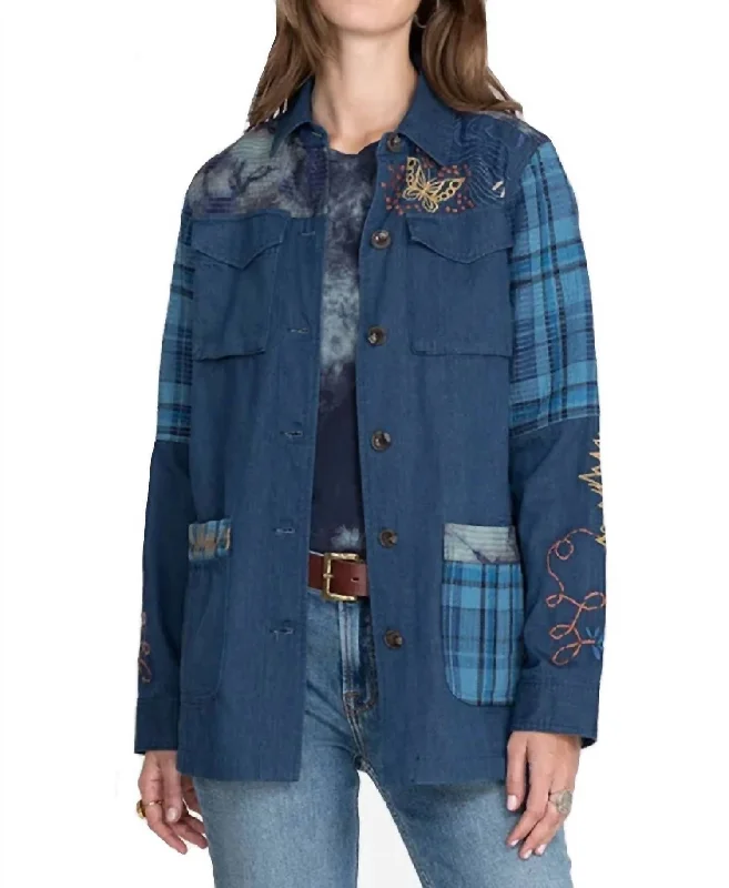 Women's Formal Clothes Moonlight Tie Dye Patchwork Military Jacket In Denim Blue