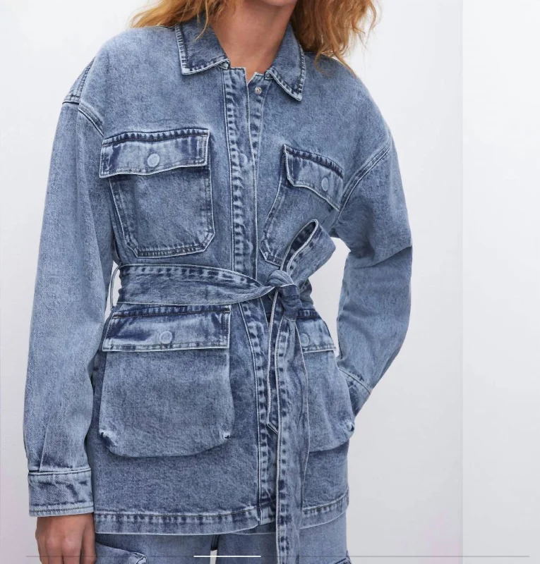 Women's Party Clothes Uniform Denim Cargo Jacket In Blue Denim