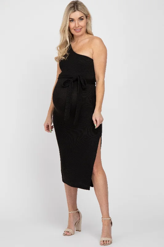 Vintage-Inspired Women's Apparel Stylish Savings Black Ribbed One Shoulder Side Slit Maternity Midi Dress