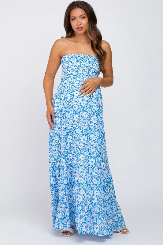 Women's Professional Apparel End Of Season Sale Blue Floral Strapless Smocked Maternity Maxi Dress