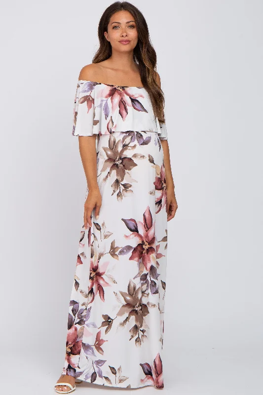 Stylish Women's Apparel Style Breakthroughs Ivory Floral Off Shoulder Maternity Maxi Dress