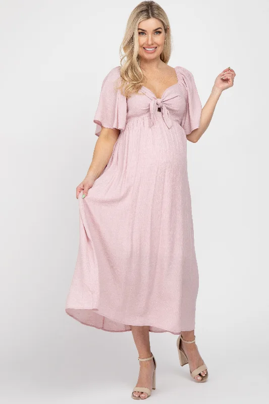 Comfortable Women's Clothing The Good Stuff Light Pink Front Tie Ruffle Sleeve Maternity Midi Dress