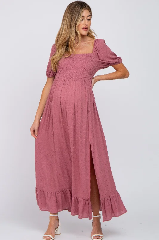 Women's Clothing For Work Bold Fashion Sales Mauve Swiss Dot Square Neck Smocked Maternity Maxi Dress