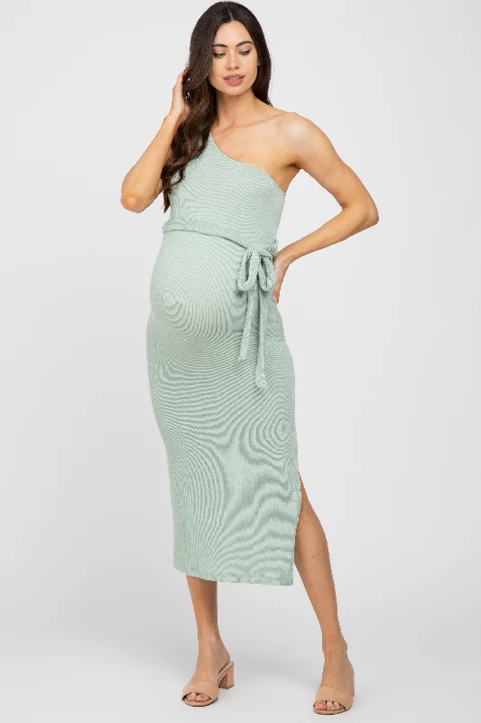 Women's Versatile Apparel Minimalist Fashion Sale Mint Green Ribbed One Shoulder Side Slit Maternity Midi Dress